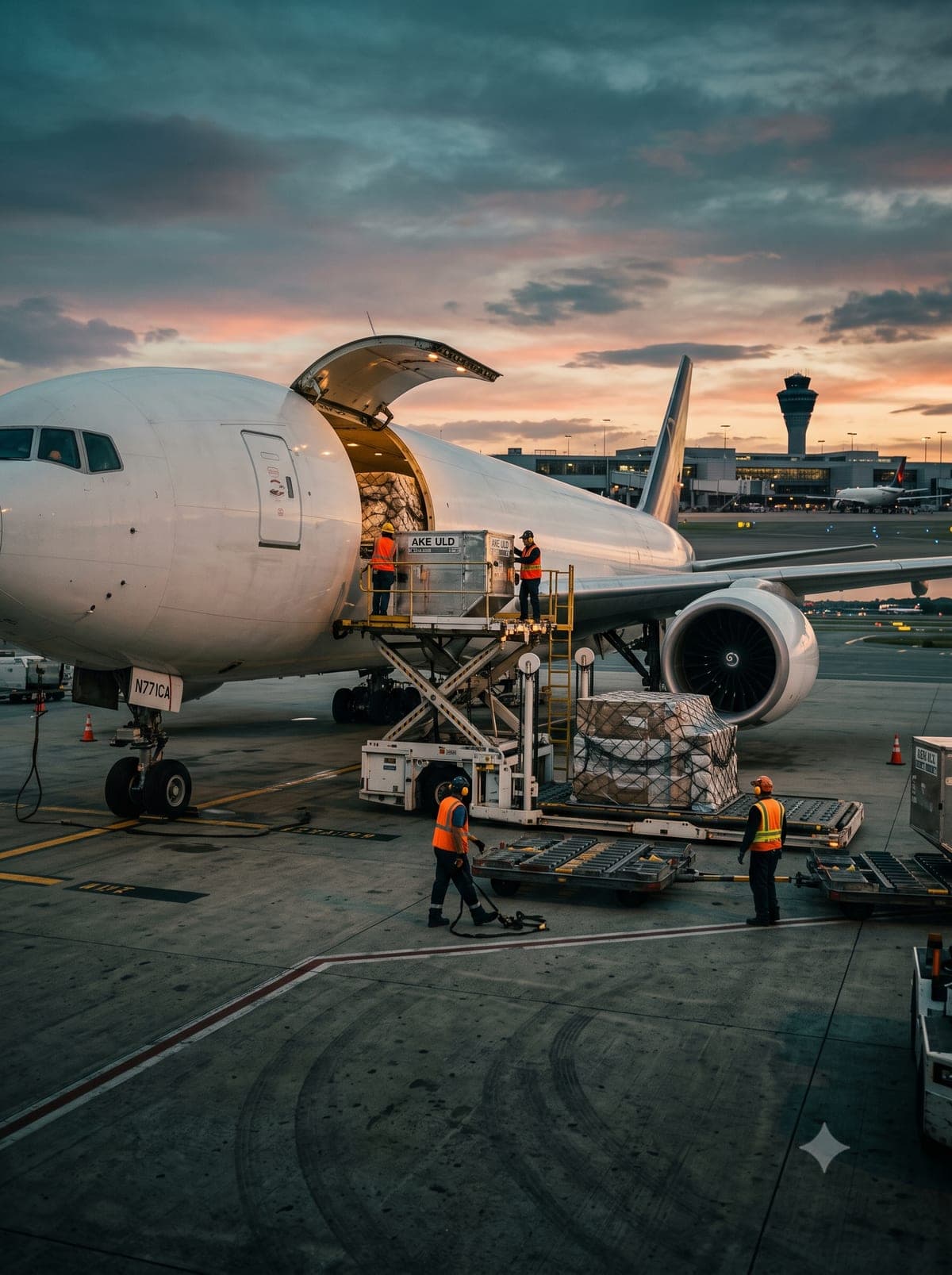 Air cargo aircraft being loaded for freight