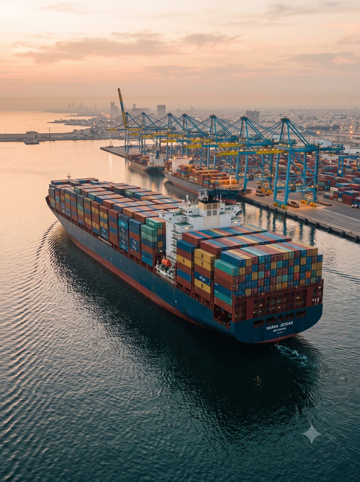 Container ship carrying sea freight to a Saudi port