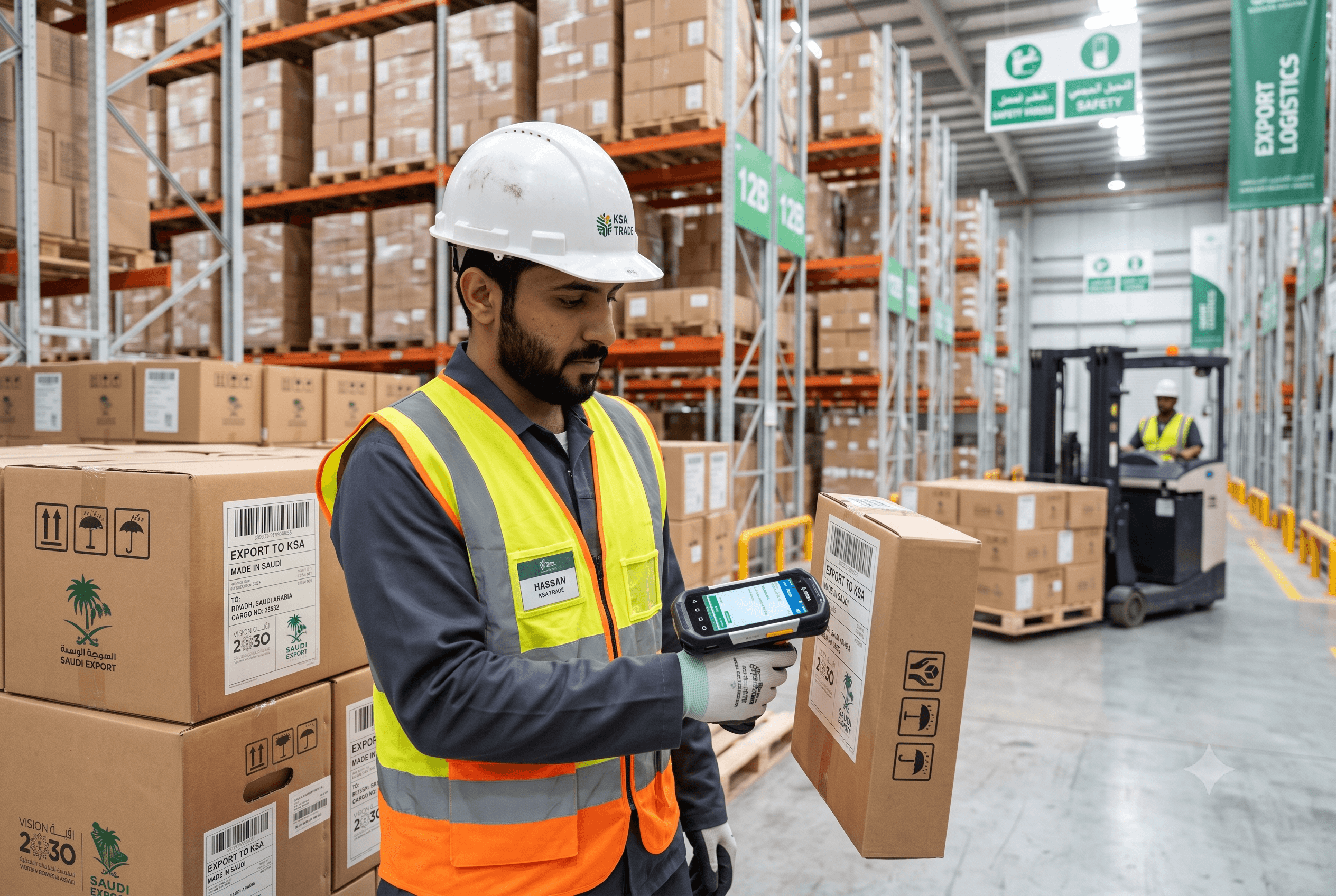 Worker scanning boxes during shipment inspection